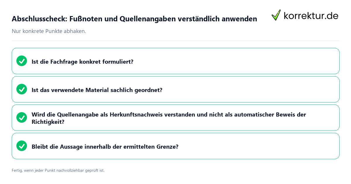 Konkreter Abschlusscheck zu Fußnoten und Quellenangaben verständlich anwenden