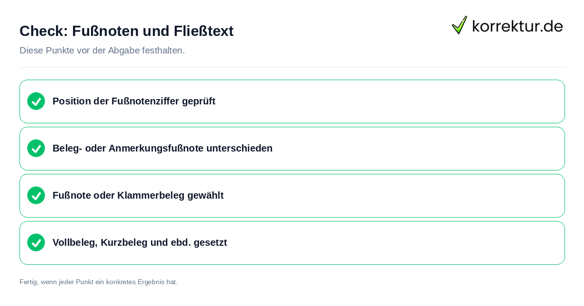 Fußnoten und Fließtext: Prüfliste mit vier Punkten
