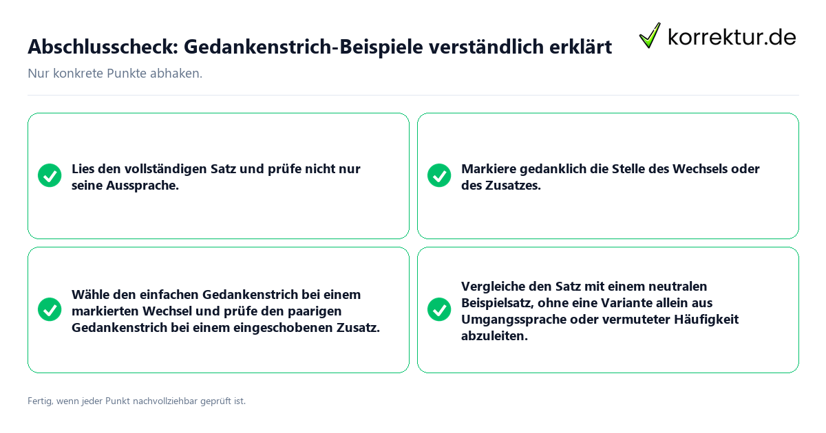 Abschlusscheck: Gedankenstrich-Beispiele verständlich erklärt Konkreter Abschlusscheck zu Gedankenstrich-Beispiele verständlich erklärt