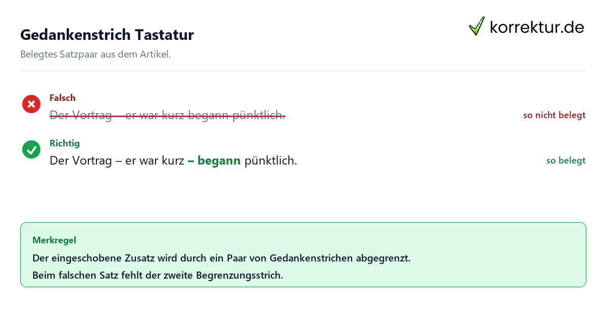 Falsches und richtiges Satzbeispiel zu Gedankenstrich Tastatur