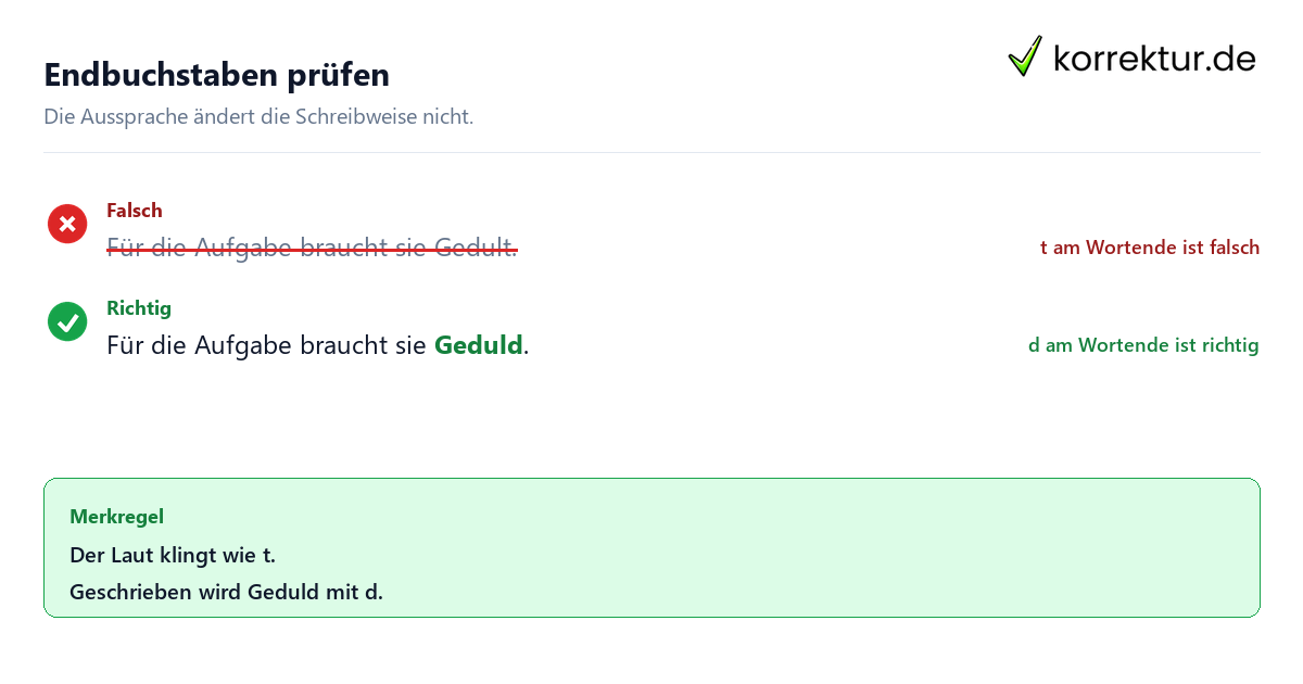 Endbuchstaben prüfen Gedult oder Geduld: Satz mit richtiger Schreibweise