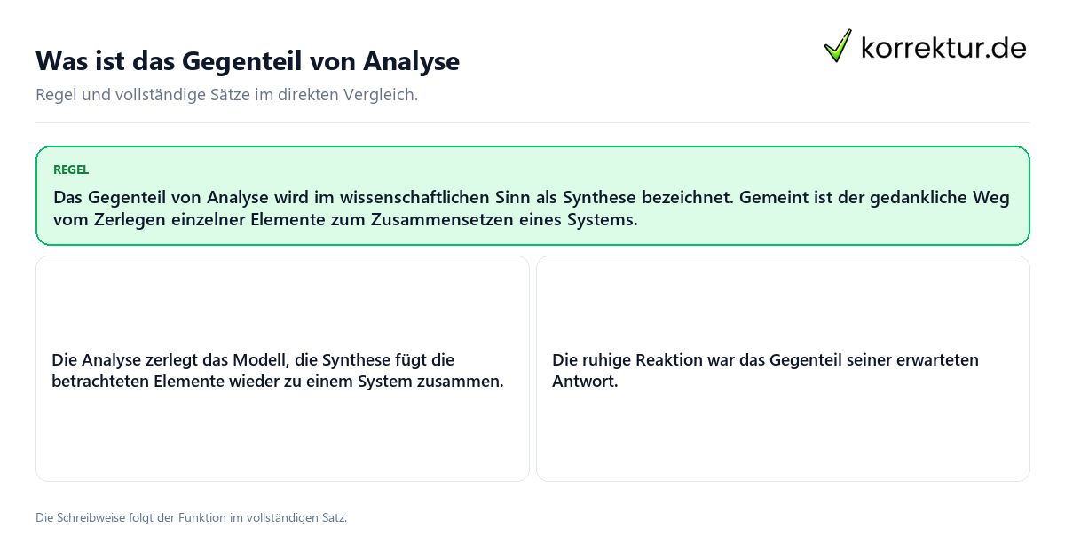 Konkrete Regel und vollständige Beispielsätze zu Was ist das Gegenteil von Analyse