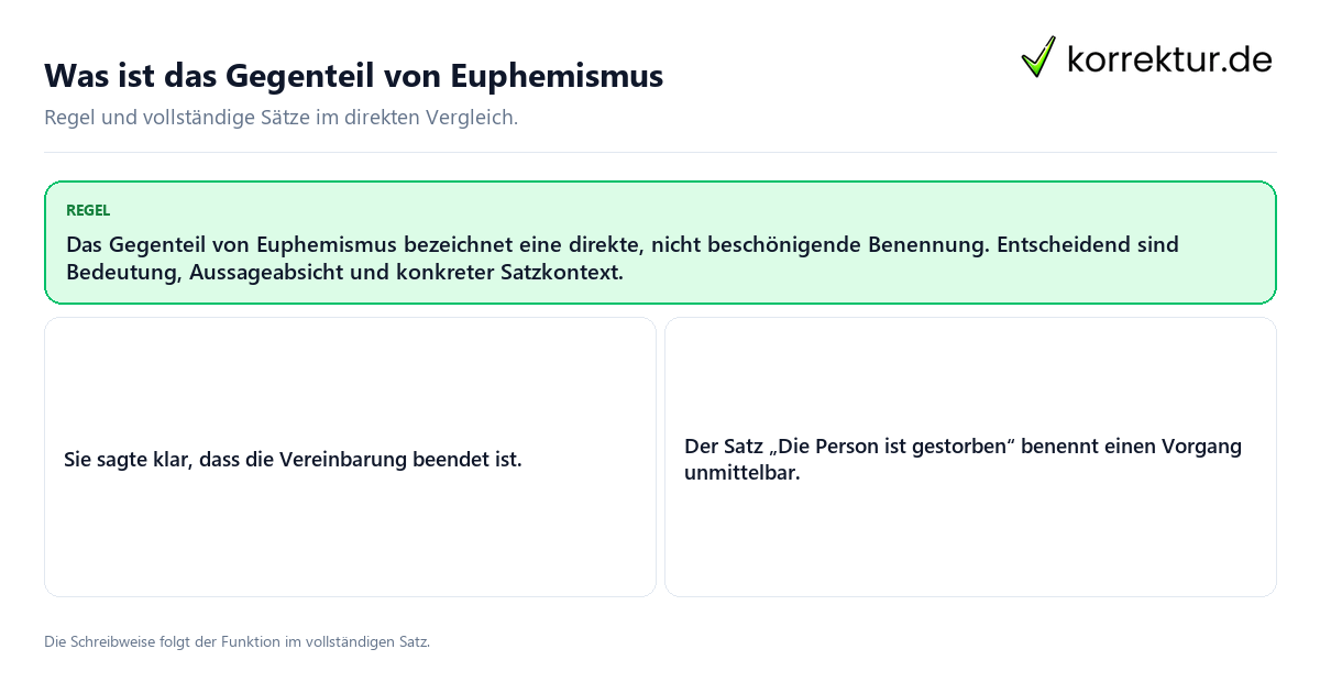 Konkrete Regel und vollständige Beispielsätze zu Was ist das Gegenteil von Euphemismus