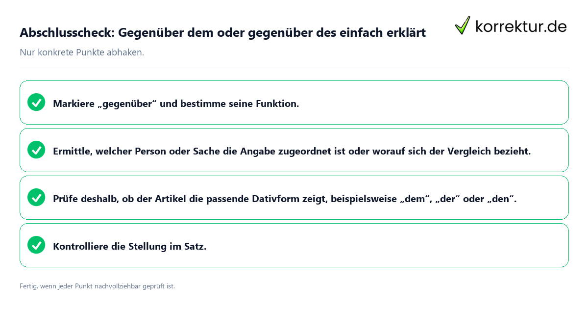 Konkreter Abschlusscheck zu Gegenüber dem oder gegenüber des einfach erklärt