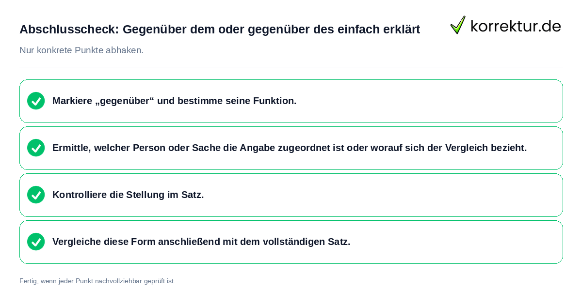 Abschlusscheck: Gegenüber dem oder gegenüber des einfach erklärt Konkreter Abschlusscheck zu Gegenüber dem oder gegenüber des einfach erklärt