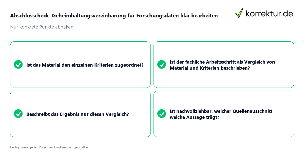 Konkreter Abschlusscheck zu Geheimhaltungsvereinbarung für Forschungsdaten klar bearbeiten