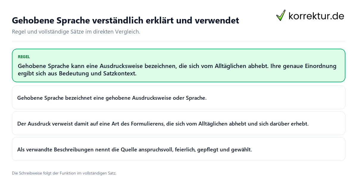 Konkrete Regel und vollständige Beispielsätze zu Gehobene Sprache verständlich erklärt und verwendet