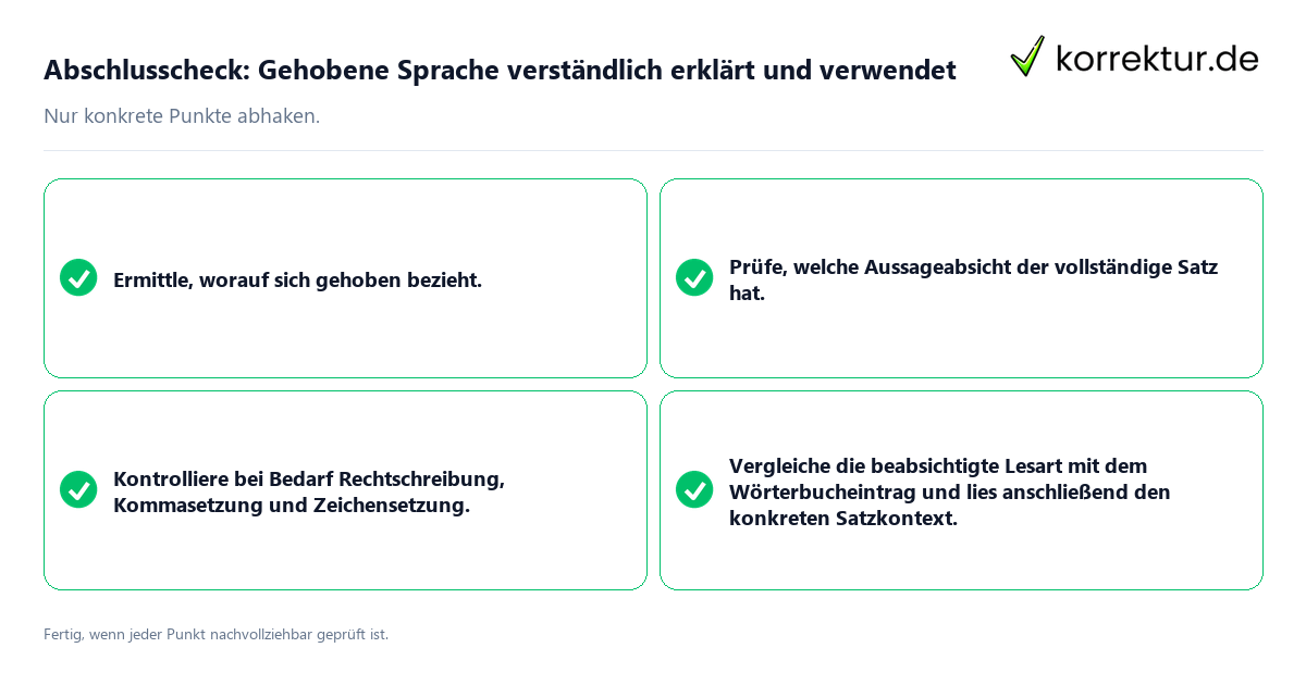 Konkreter Abschlusscheck zu Gehobene Sprache verständlich erklärt und verwendet
