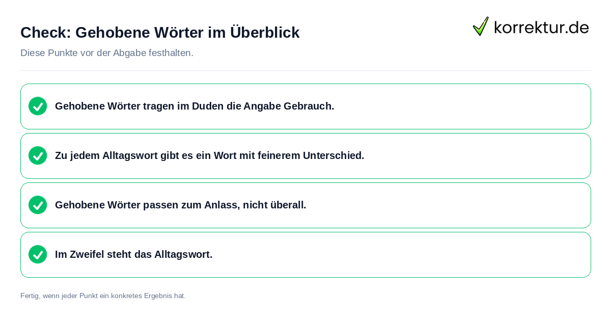 Gehobene Wörter im Überblick: Prüfliste mit vier Punkten