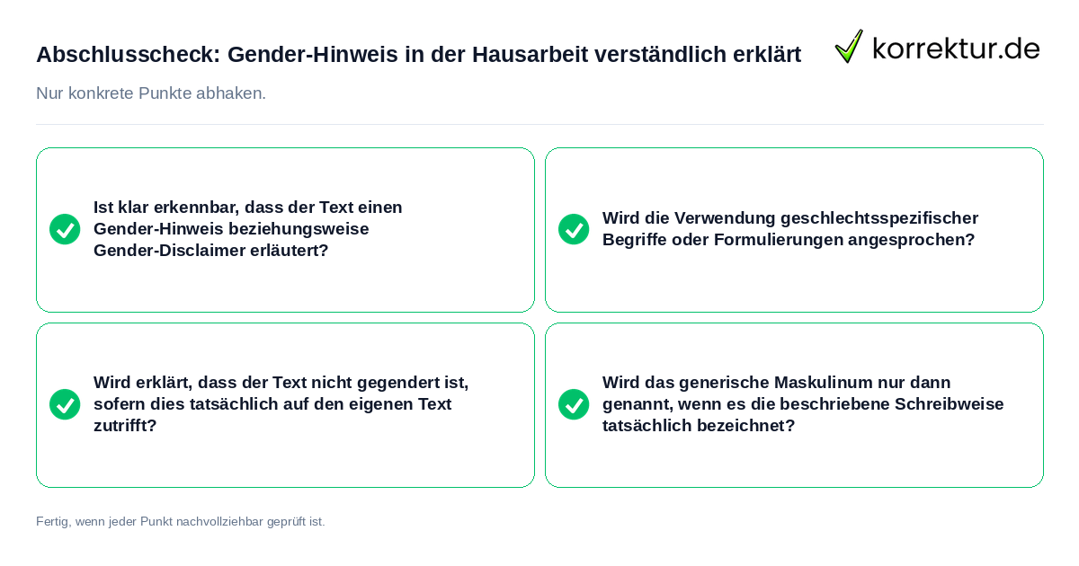 Konkreter Abschlusscheck zu Gender-Hinweis in der Hausarbeit verständlich erklärt