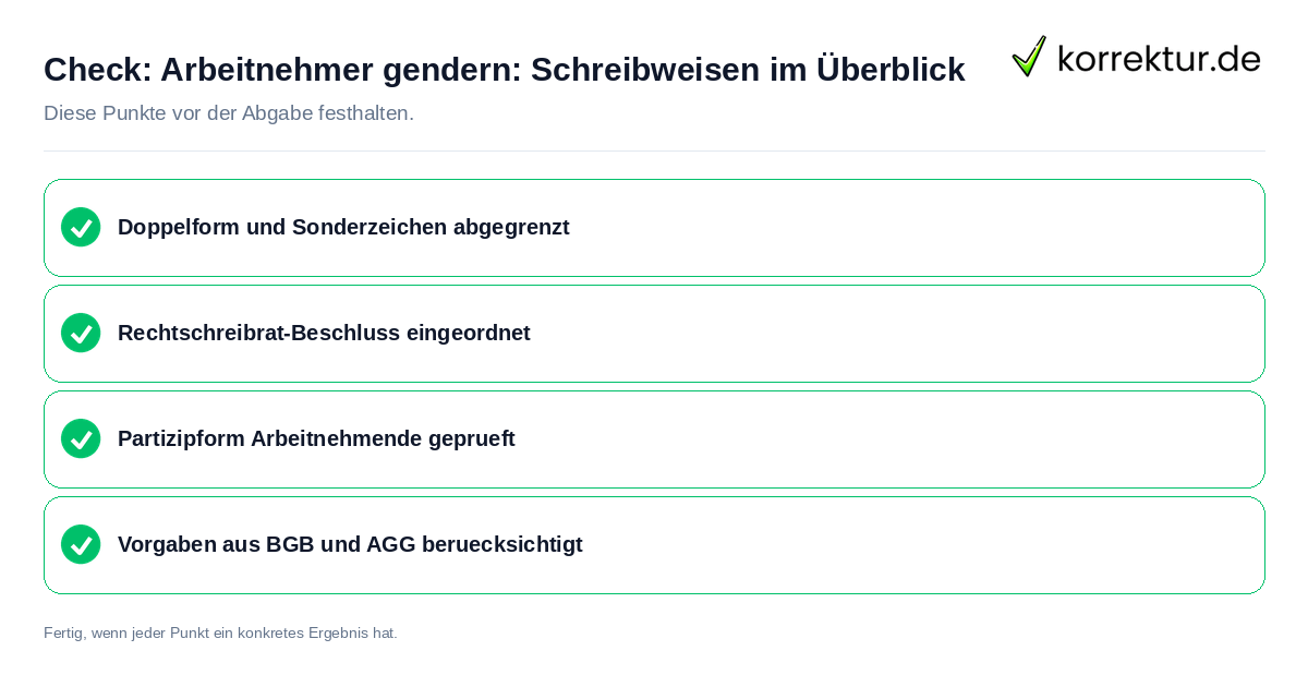 Arbeitnehmer gendern: Schreibweisen im Überblick: Prüfliste mit vier Punkten