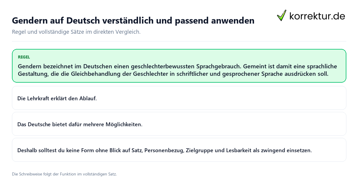 Konkrete Regel und vollständige Beispielsätze zu Gendern auf Deutsch verständlich und passend anwenden