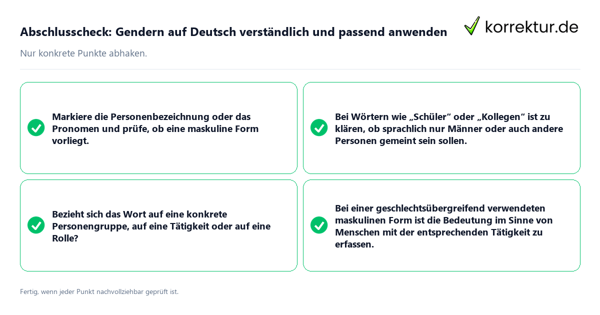 Konkreter Abschlusscheck zu Gendern auf Deutsch verständlich und passend anwenden