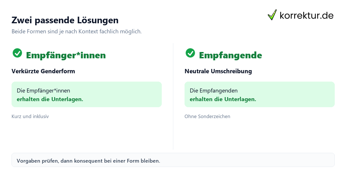 Zwei passende Lösungen Gendern Empfänger: Empfänger*innen und Empfangende im Vergleich