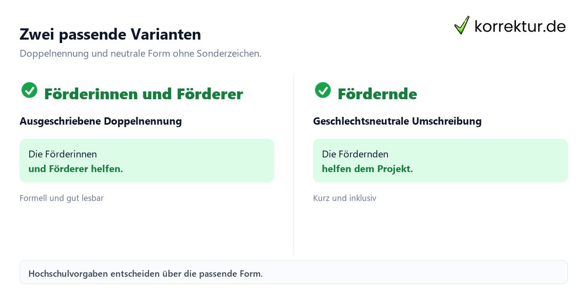Zwei passende Varianten Gendern Förderer: die weibliche Form und Förderer*innen vergleichen