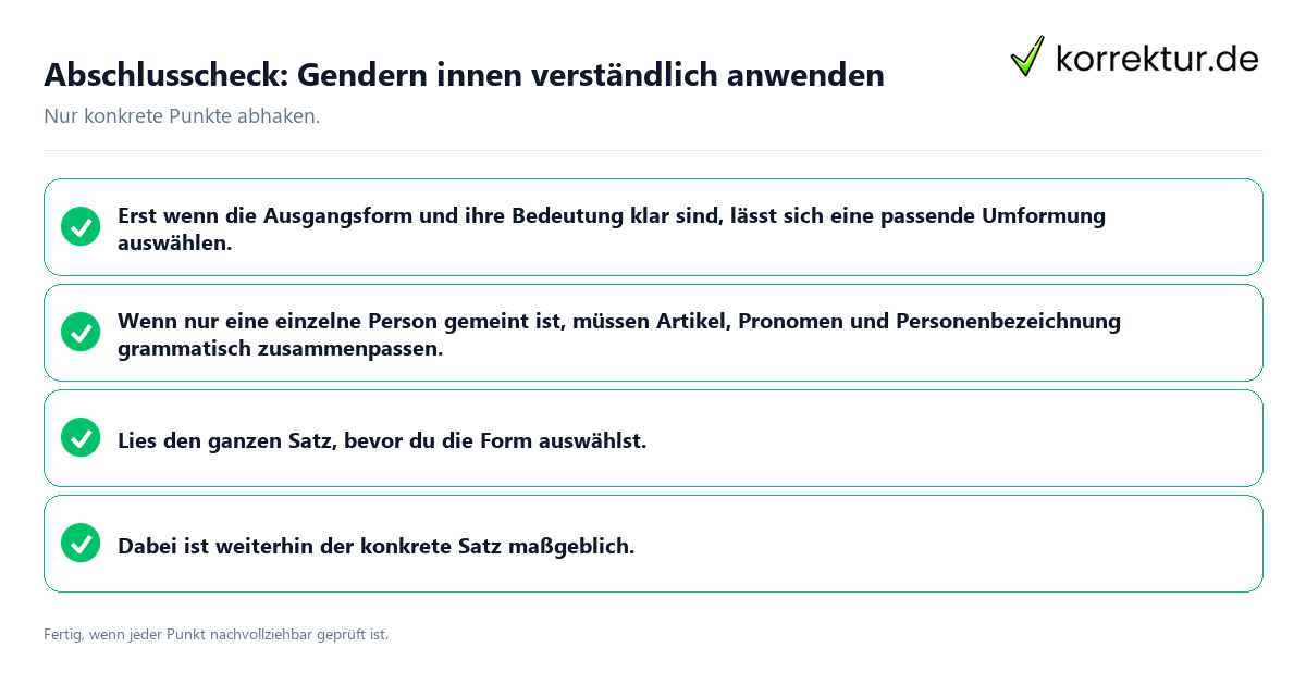 Konkreter Abschlusscheck zu Gendern innen verständlich anwenden