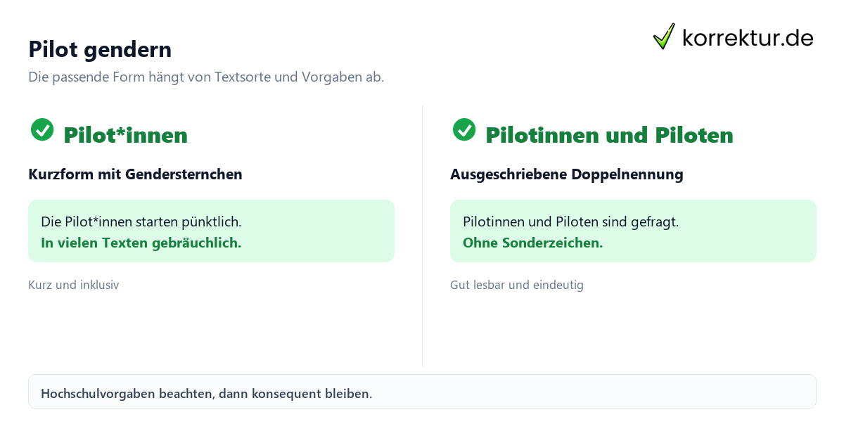 Gendern Pilot: Pilot*innen im Text, Doppelnennung oder neutrale Umschreibung
