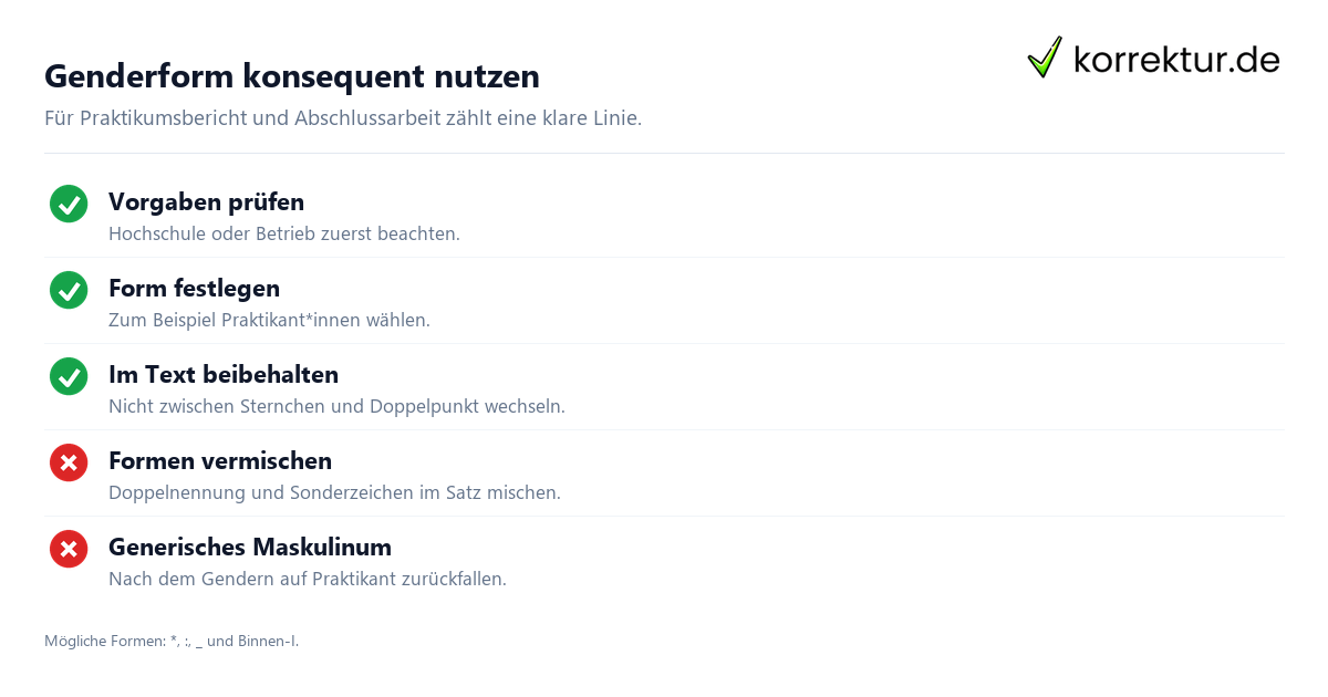 Schritt für Schritt gendern Praktikant: Schritte