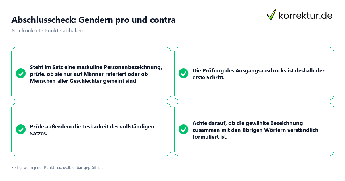 Abschlusscheck: Gendern pro und contra Konkreter Abschlusscheck zu Gendern pro und contra