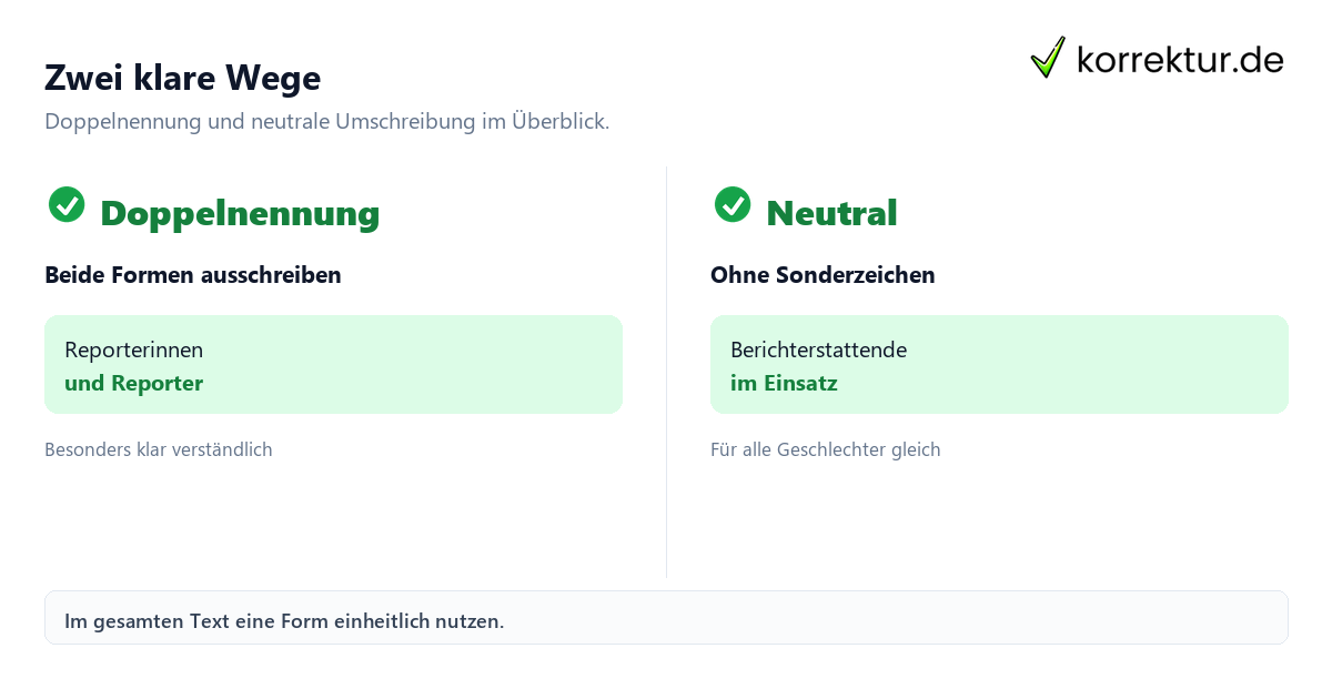 Gendern Reporter: Doppelnennung und neutrale Alternative im Vergleich