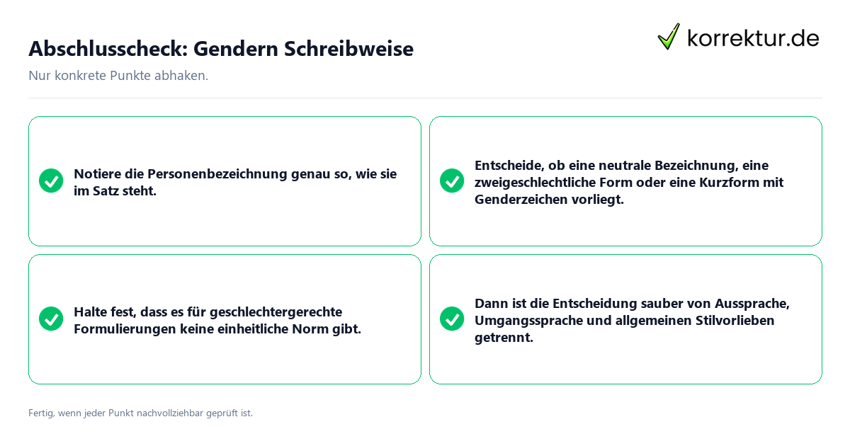 Konkreter Abschlusscheck zu Gendern Schreibweise