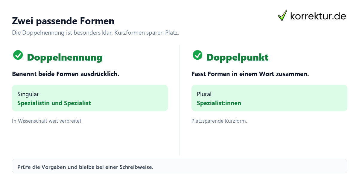 Gendern Spezialist: Doppelnennung, Spezialist*innen und Doppelpunkt vergleichen