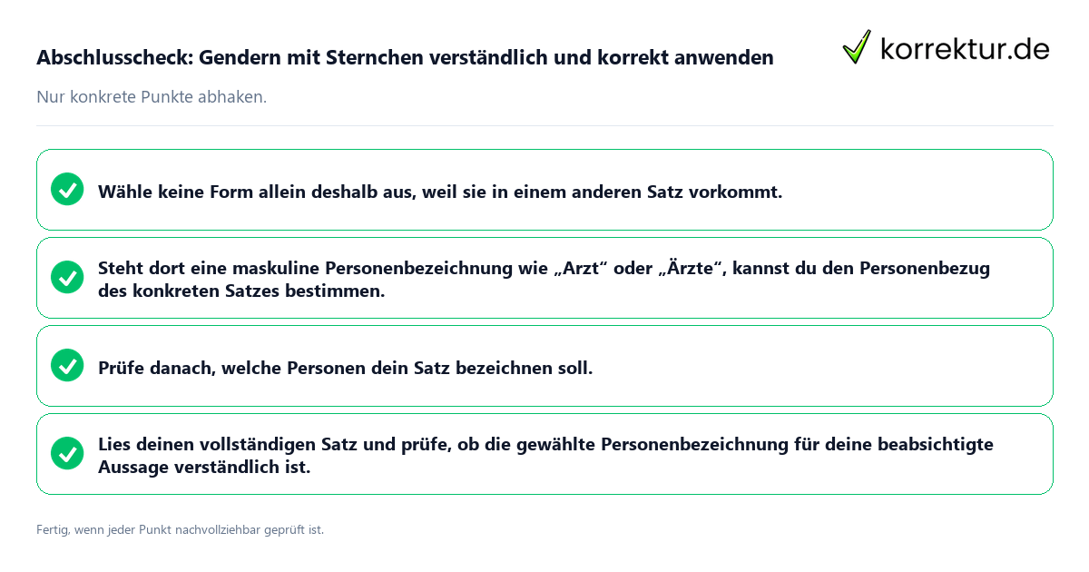 Konkreter Abschlusscheck zu Gendern mit Sternchen verständlich und korrekt anwenden