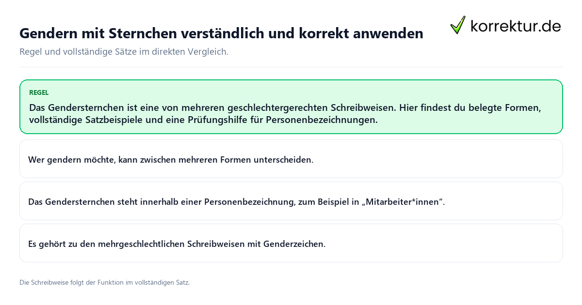 Konkrete Regel und vollständige Beispielsätze zu Gendern mit Sternchen verständlich und korrekt anwenden