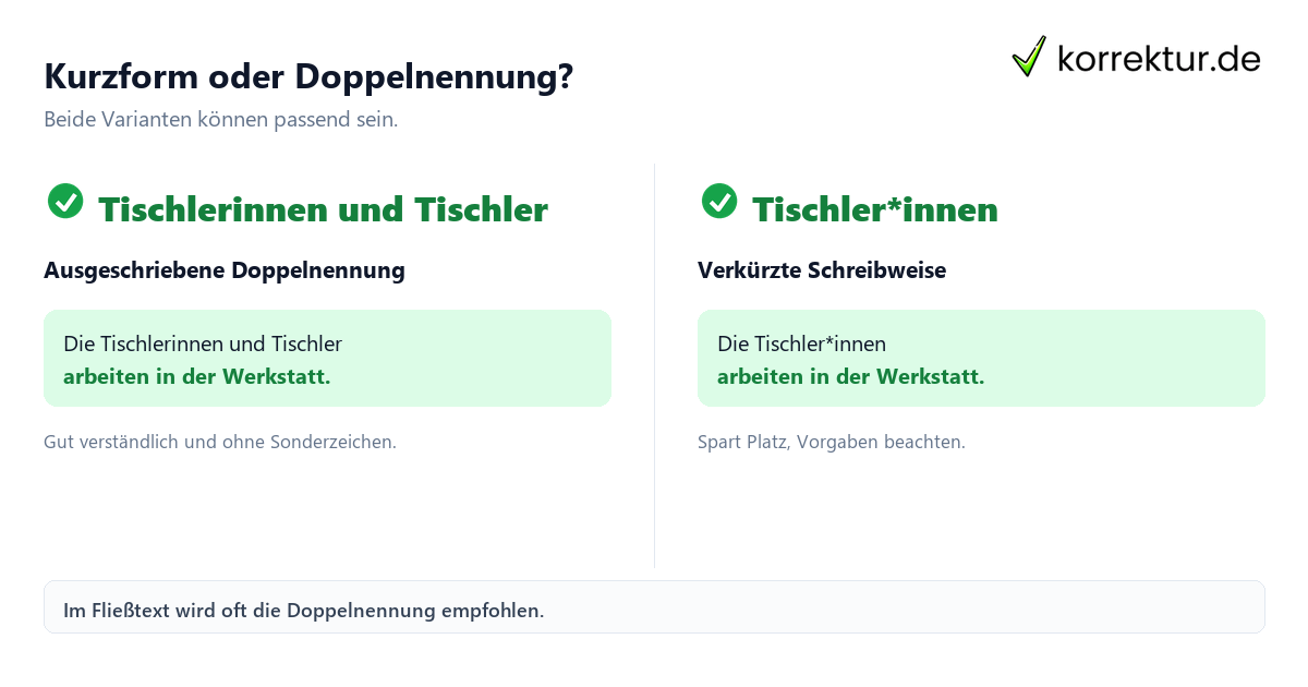 Kurzform oder Doppelnennung? Gendern Tischler: Tischler*innen im Text vergleichen