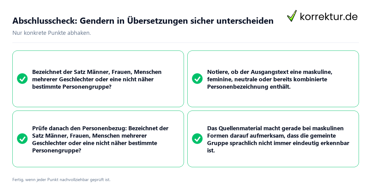 Konkreter Abschlusscheck zu Gendern in Übersetzungen sicher unterscheiden