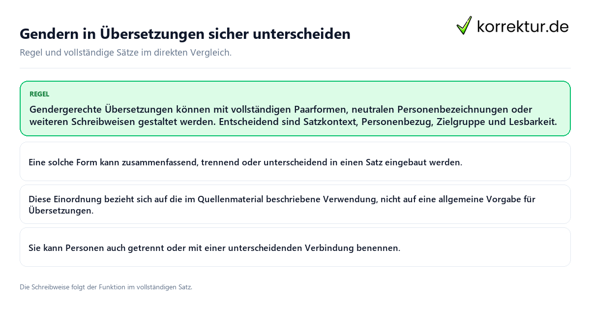 Konkrete Regel und vollständige Beispielsätze zu Gendern in Übersetzungen sicher unterscheiden