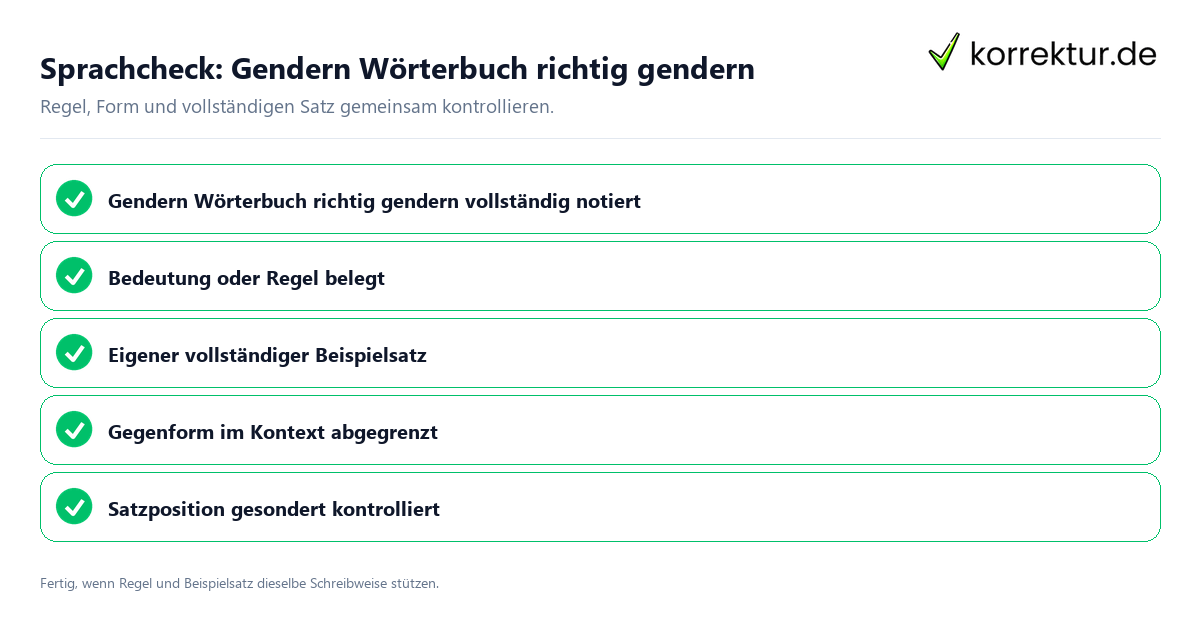 Sprachcheck: Gendern Wörterbuch richtig gendern Konkreter Sprachcheck zu Gendern Wörterbuch richtig gendern mit Regel und vollständigem Beispielsatz