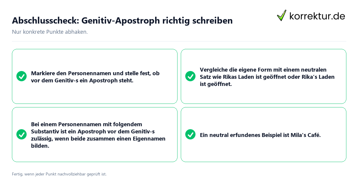 Konkreter Abschlusscheck zu Genitiv-Apostroph richtig schreiben