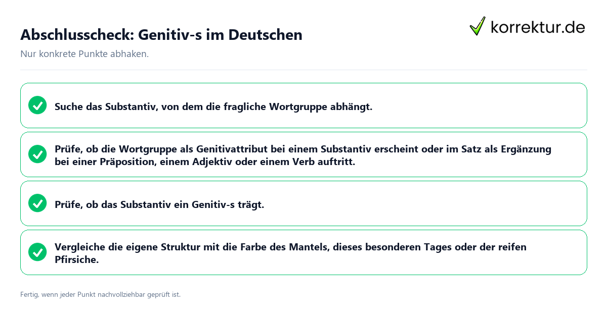 Konkreter Abschlusscheck zu Genitiv-s im Deutschen