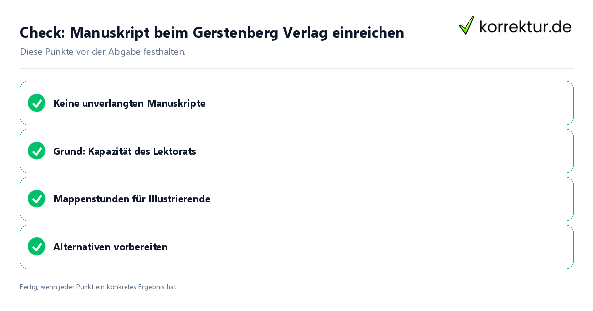 Check: Manuskript beim Gerstenberg Verlag einreichen Manuskript beim Gerstenberg Verlag einreichen: Prüfliste mit vier Punkten