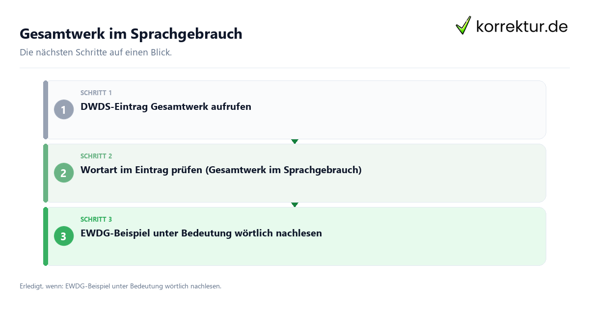 Gesamtwerk im Sprachgebrauch mit einem Ablauf aus Prüfung, Kontakt und Dokumentation