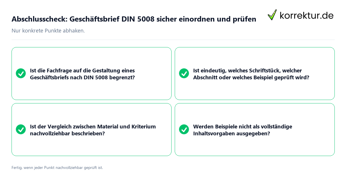 Konkreter Abschlusscheck zu Geschäftsbrief DIN 5008 sicher einordnen und prüfen