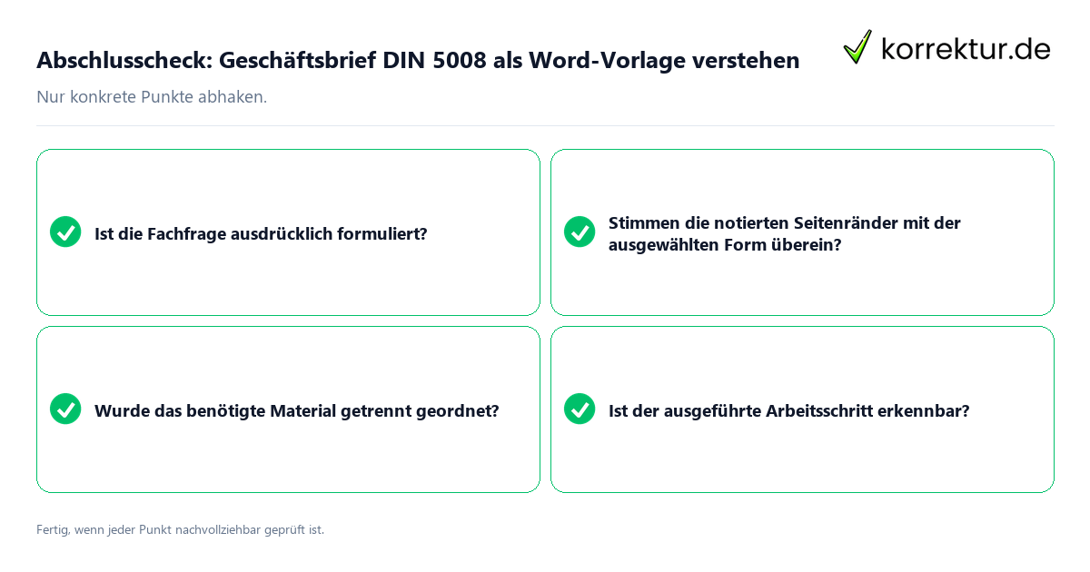 Konkreter Abschlusscheck zu Geschäftsbrief DIN 5008 als Word-Vorlage verstehen