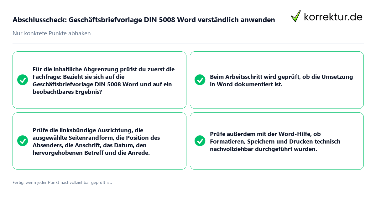 Abschlusscheck: Geschäftsbriefvorlage DIN 5008 Word verständlich anwenden Konkreter Abschlusscheck zu Geschäftsbriefvorlage DIN 5008 Word verständlich anwenden