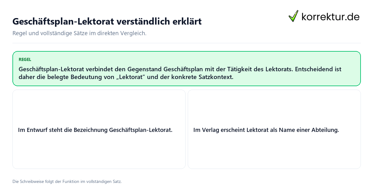 Konkrete Regel und vollständige Beispielsätze zu Geschäftsplan-Lektorat verständlich erklärt