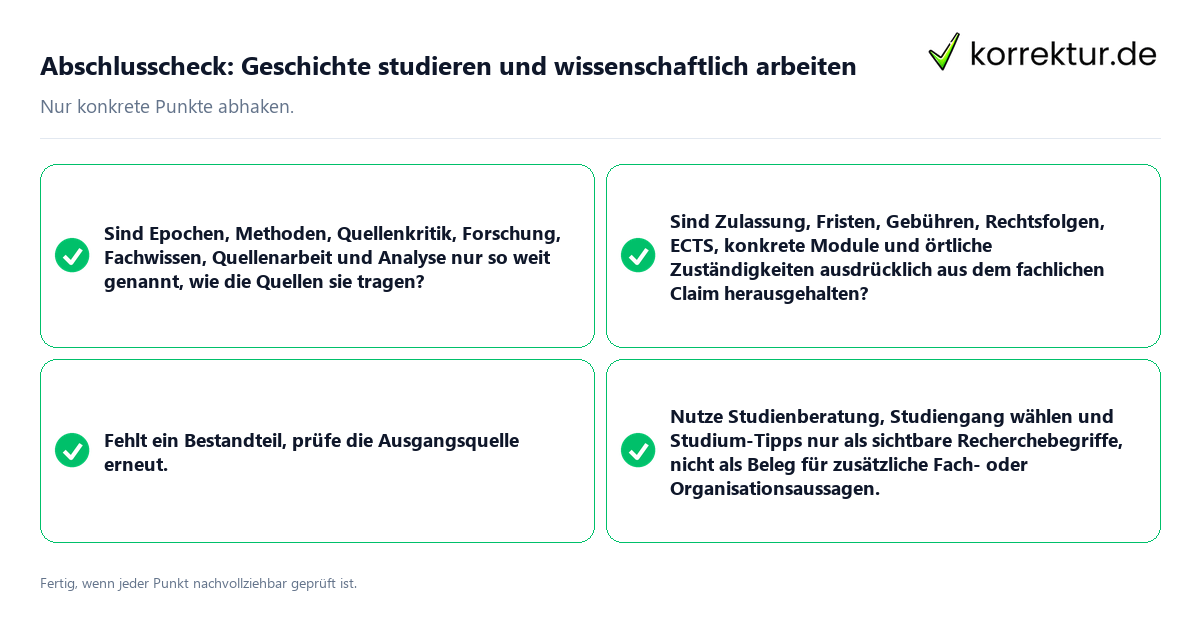 Konkreter Abschlusscheck zu Geschichte studieren und wissenschaftlich arbeiten