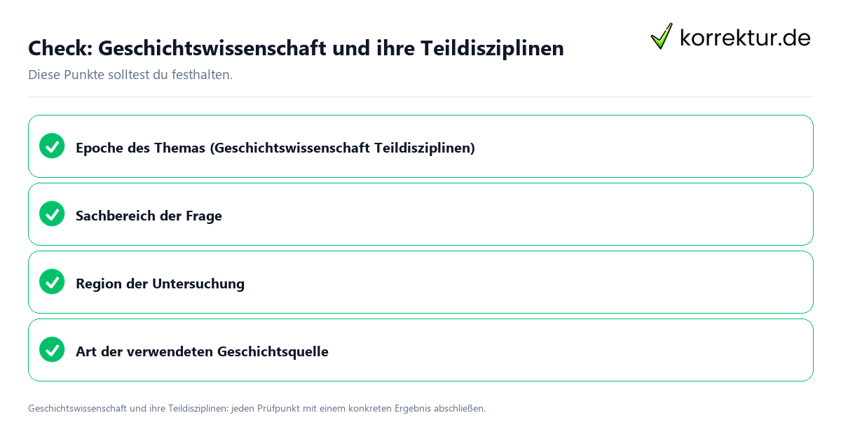 Geschichtswissenschaft und ihre Teildisziplinen mit einer themenspezifischen Checkliste