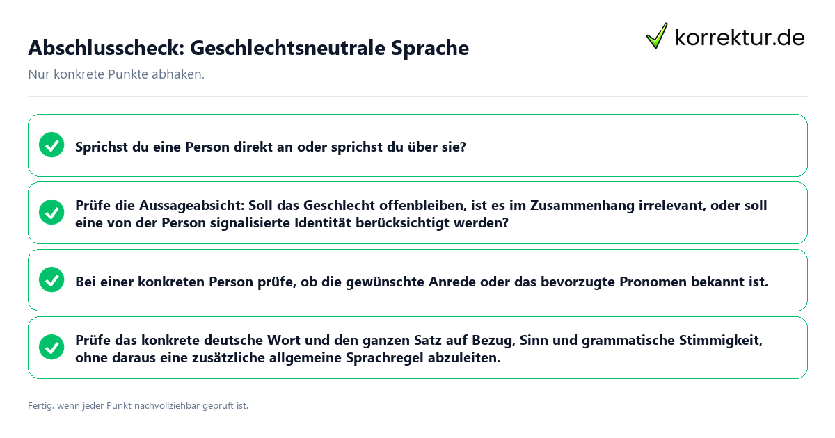 Konkreter Abschlusscheck zu Geschlechtsneutrale Sprache