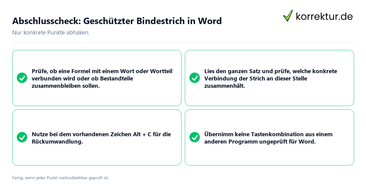 Konkreter Abschlusscheck zu Geschützter Bindestrich in Word