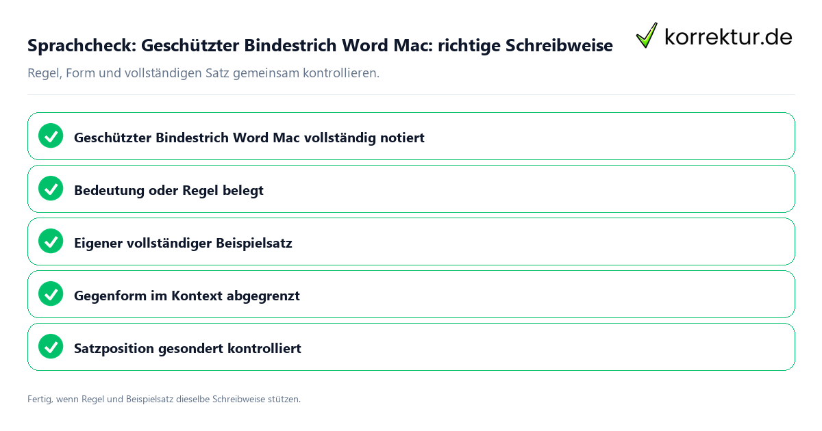 Sprachcheck: Geschützter Bindestrich Word Mac: richtige Schreibweise Konkreter Sprachcheck zu Geschützter Bindestrich Word Mac: richtige Schreibweise mit Regel und vollständigem Beispielsatz