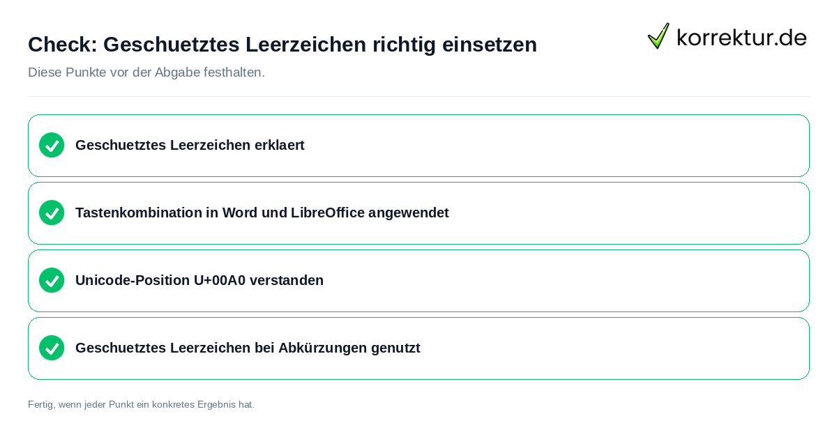 Geschütztes Leerzeichen richtig einsetzen: Prüfliste mit vier Punkten