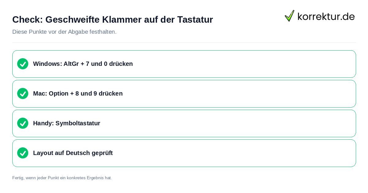 Check: Geschweifte Klammer auf der Tastatur Geschweifte Klammer auf der Tastatur: Prüfliste mit vier Punkten