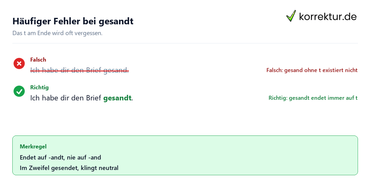 Häufiger Fehler bei gesandt gesendet oder gesandt: typischer Rechtschreibfehler mit Korrektur