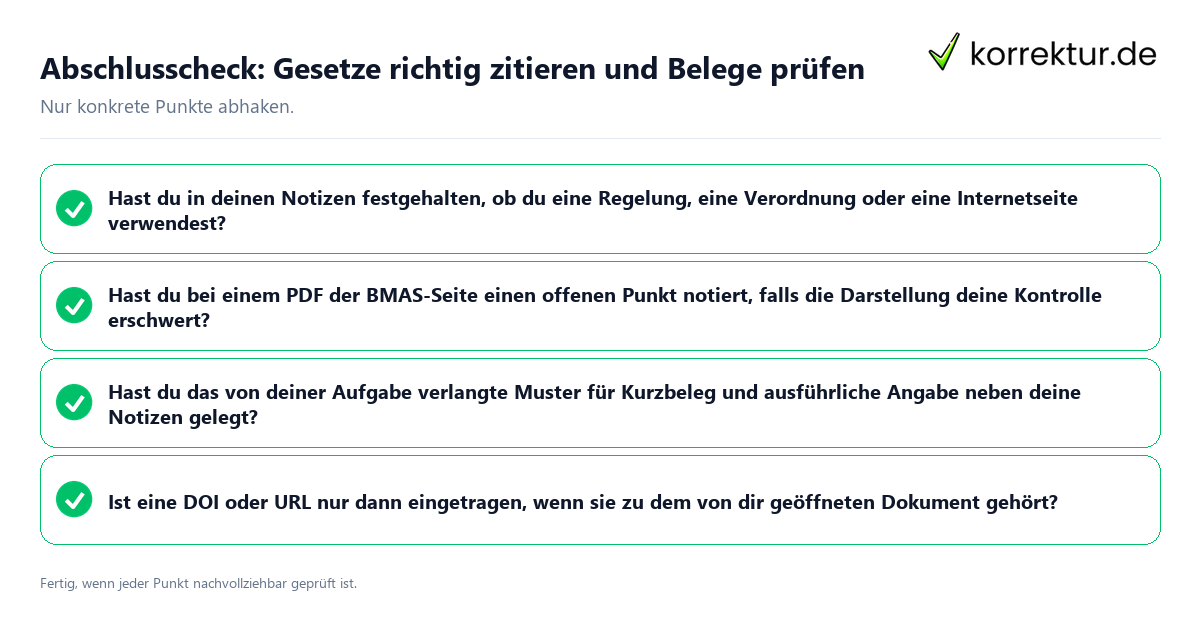 Abschlusscheck: Gesetze richtig zitieren und Belege prüfen Konkreter Abschlusscheck zu Gesetze richtig zitieren und Belege prüfen