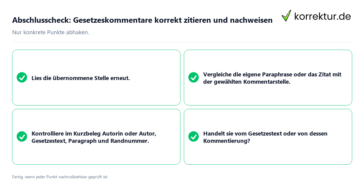 Konkreter Abschlusscheck zu Gesetzeskommentare korrekt zitieren und nachweisen